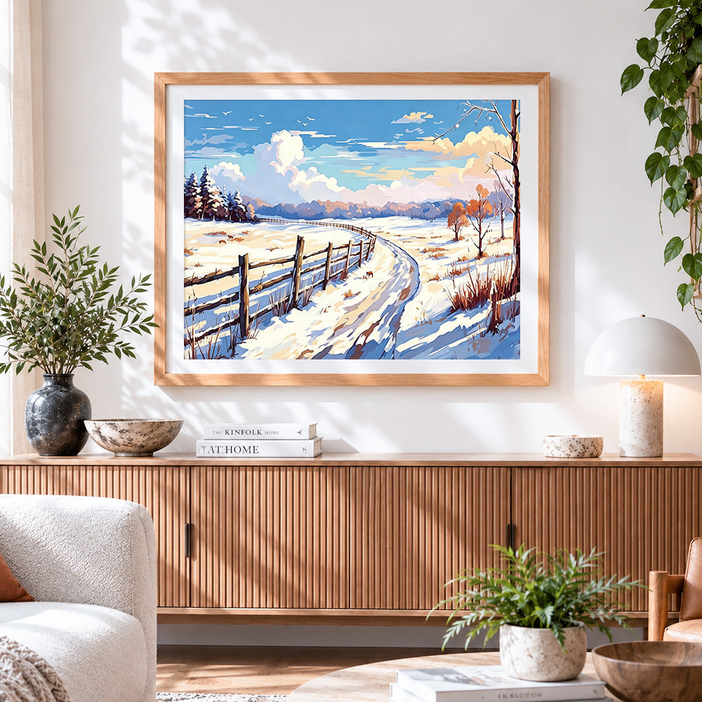 Finished snowy fence and winding path paint by numbers artwork displayed as home decor