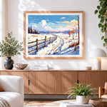 Finished snowy fence and winding path paint by numbers artwork displayed as home decor