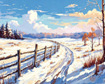 Snowy fence and winding path paint by numbers kit for beginners
