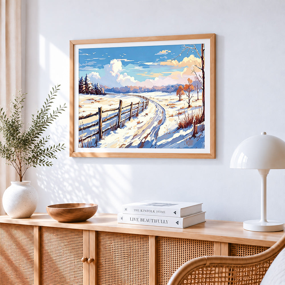 Snowy fence and winding path paint by numbers artwork displayed on wall as home decor