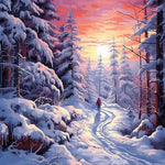 Snowy forest path at sunset cross stitch kit for beginners