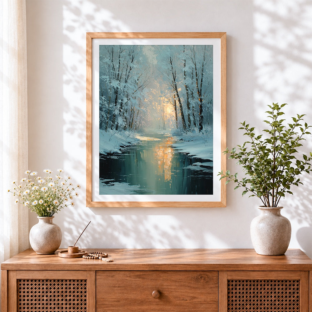 Finished snowy forest stream at sunset cross stitch artwork displayed