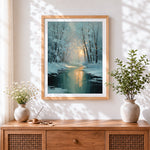Finished snowy forest stream at sunset cross stitch artwork displayed