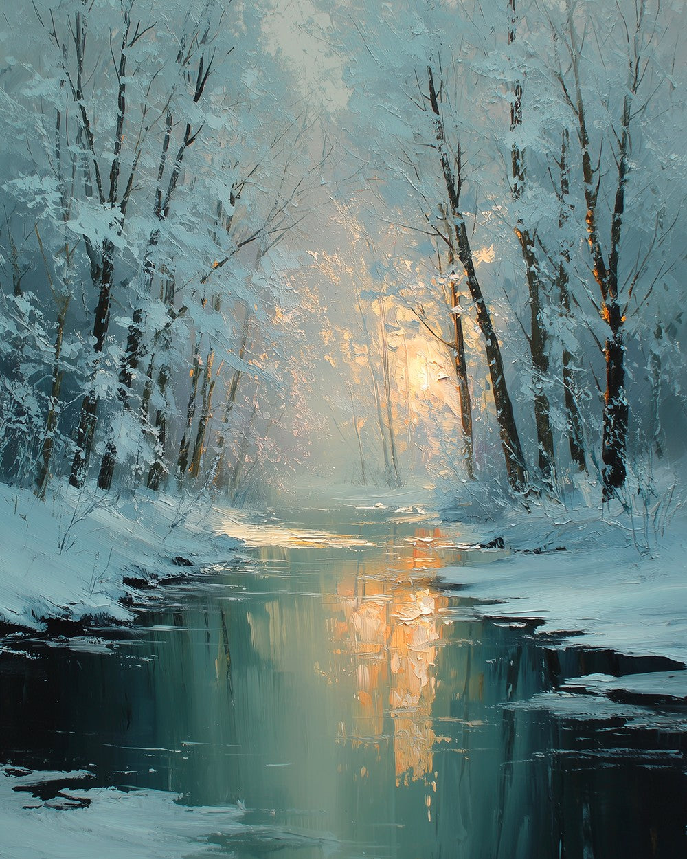 Snowy forest stream at sunset cross stitch kit for beginners