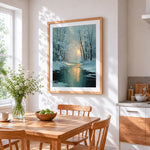 Snowy forest stream at sunset cross stitch artwork displayed on wall as home decor