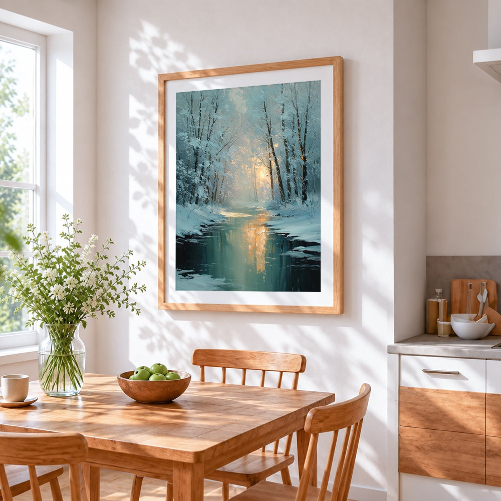 Snowy forest stream at sunset cross stitch artwork displayed on wall as home decor