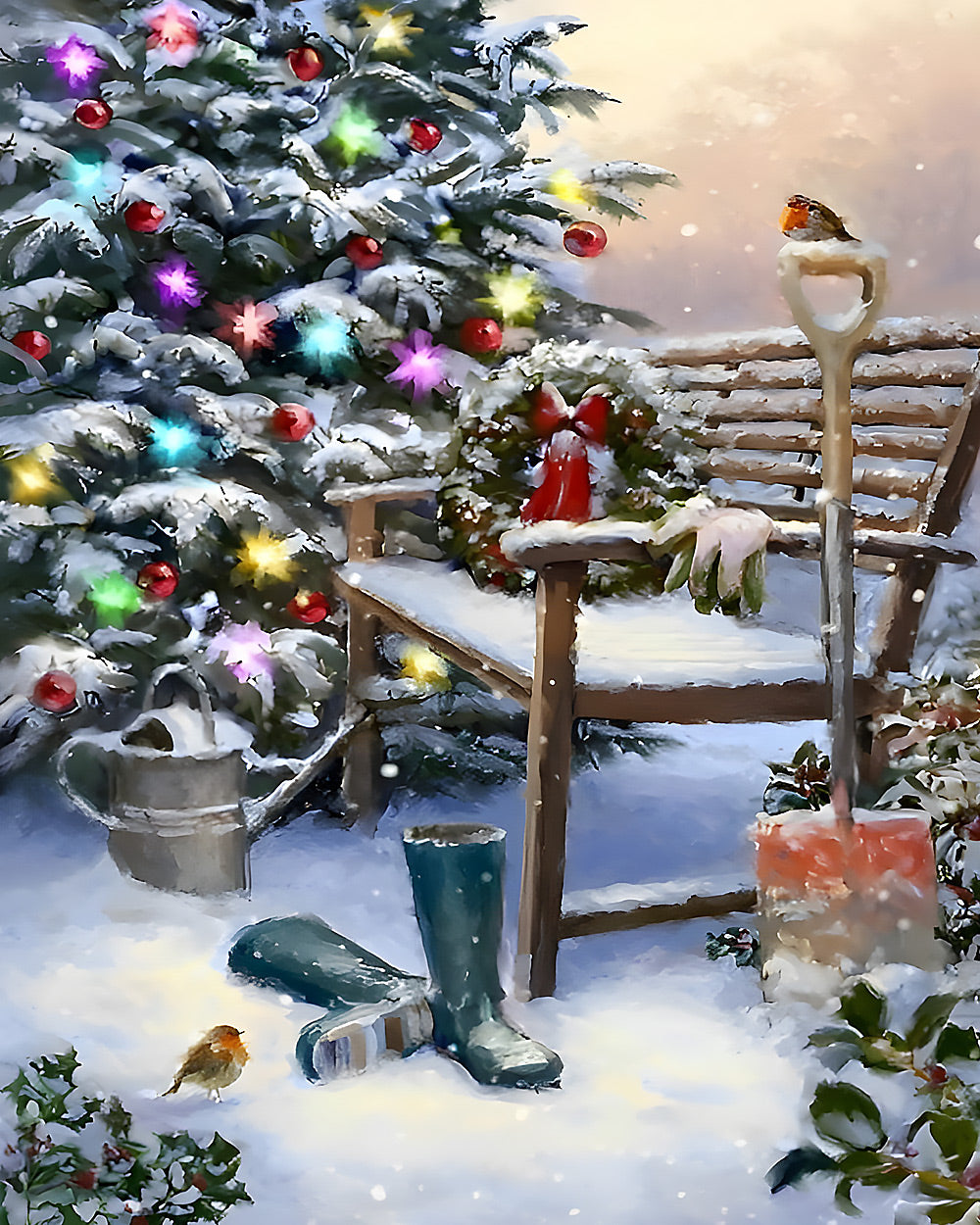 Snowy garden bench and robin cross stitch kit for beginners