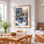 Snowy garden bench and robin cross stitch artwork displayed on wall as home decor