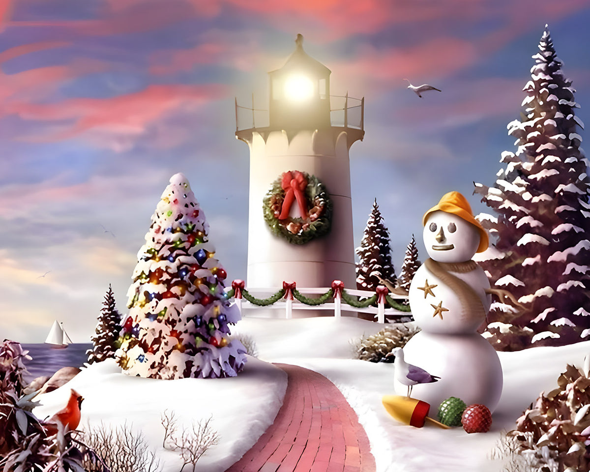 Snowy lighthouse and snowman coastal scene cross stitch kit for beginners