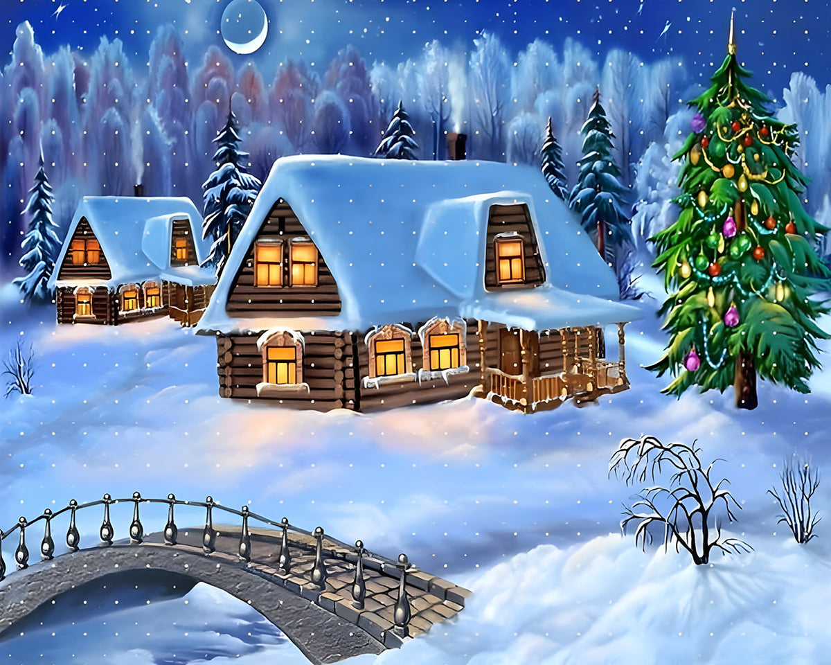 Snowy log cabins and christmas tree in winter forest cross stitch kit for beginners