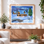 Finished snowy log cabins and christmas tree in winter forest paint by numbers artwork displayed as home decor