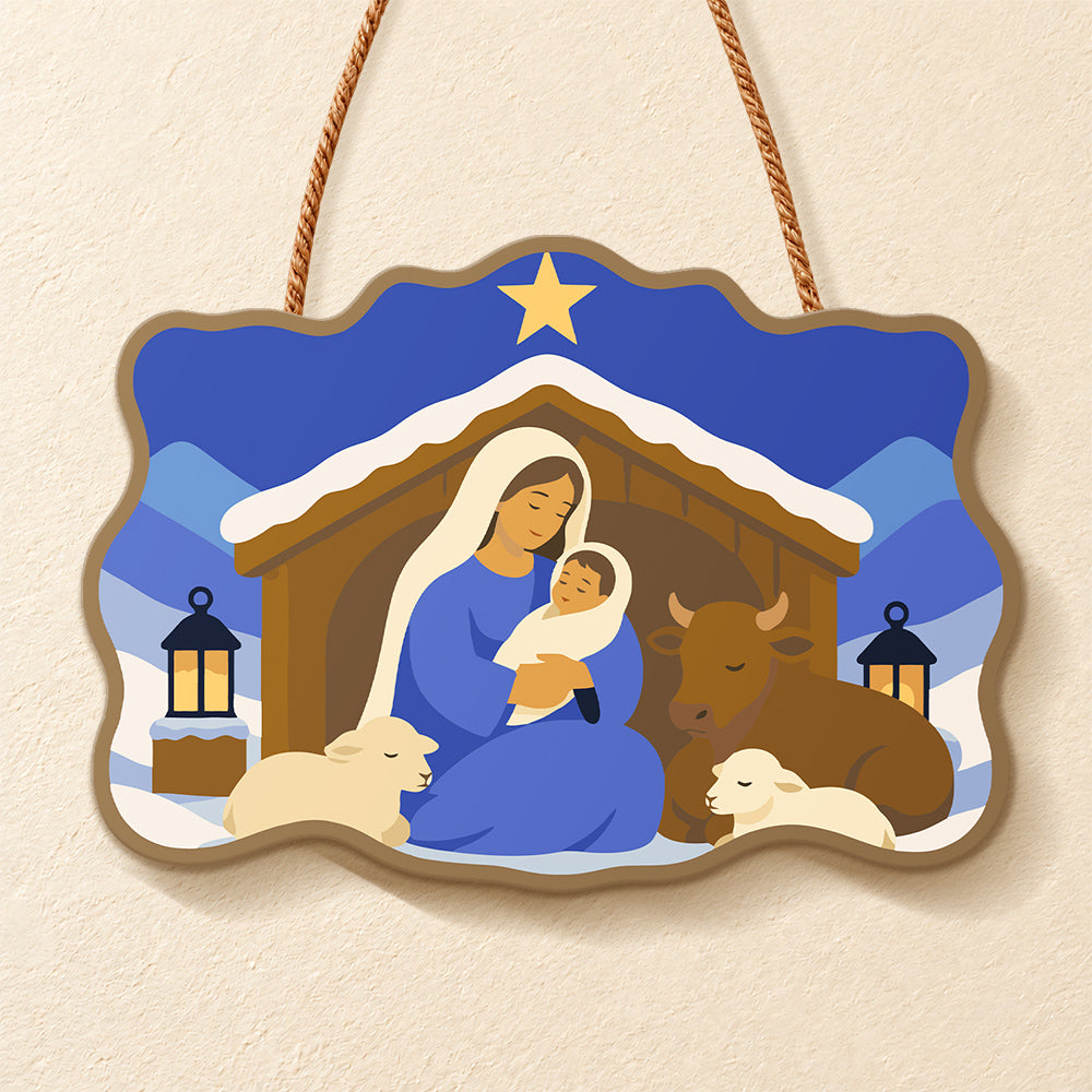 Snowy manger scene paint by numbers door hanger finished design