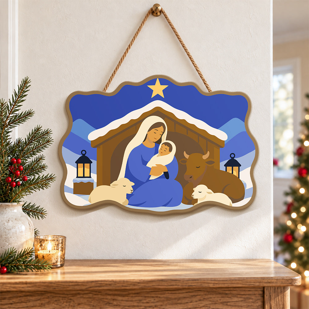 Snowy manger scene paint by numbers door hanger as indoor wall decor