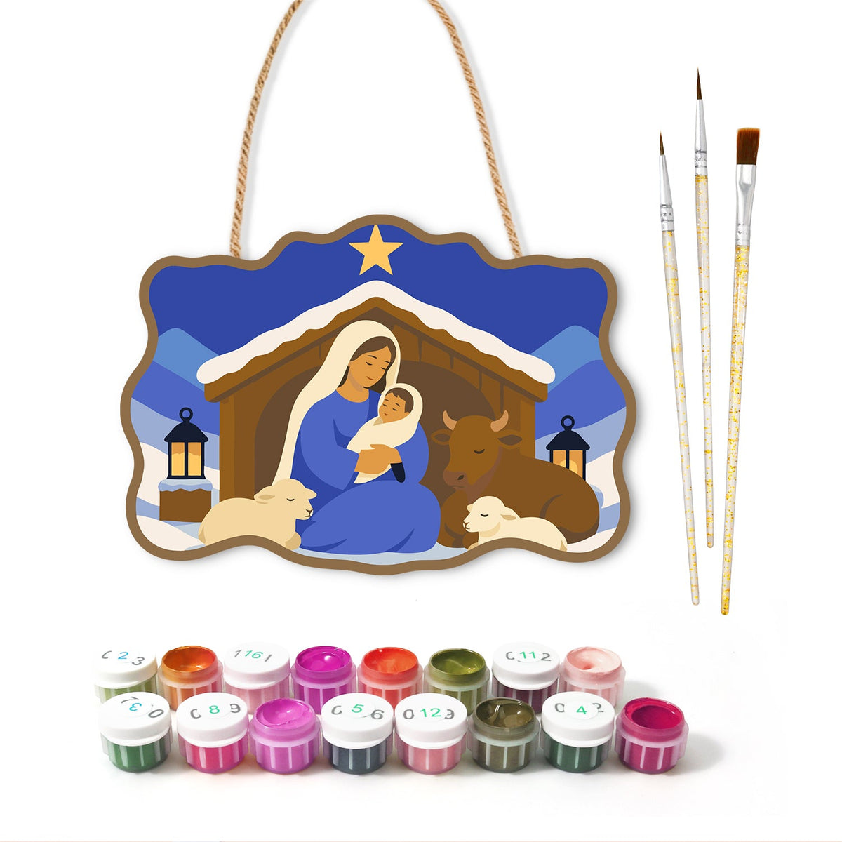 Snowy manger scene paint by numbers door hanger with paints and brushes