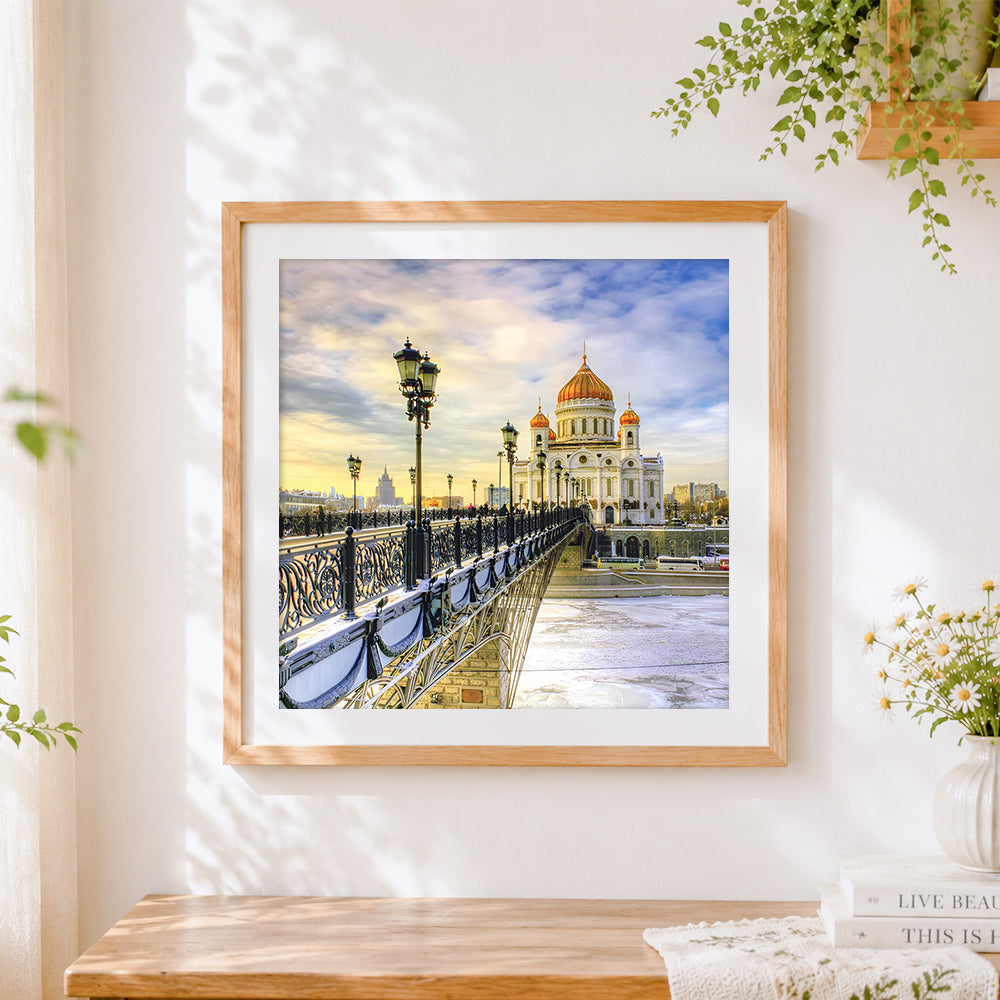 Finished snowy moscow cathedral cross stitch artwork displayed