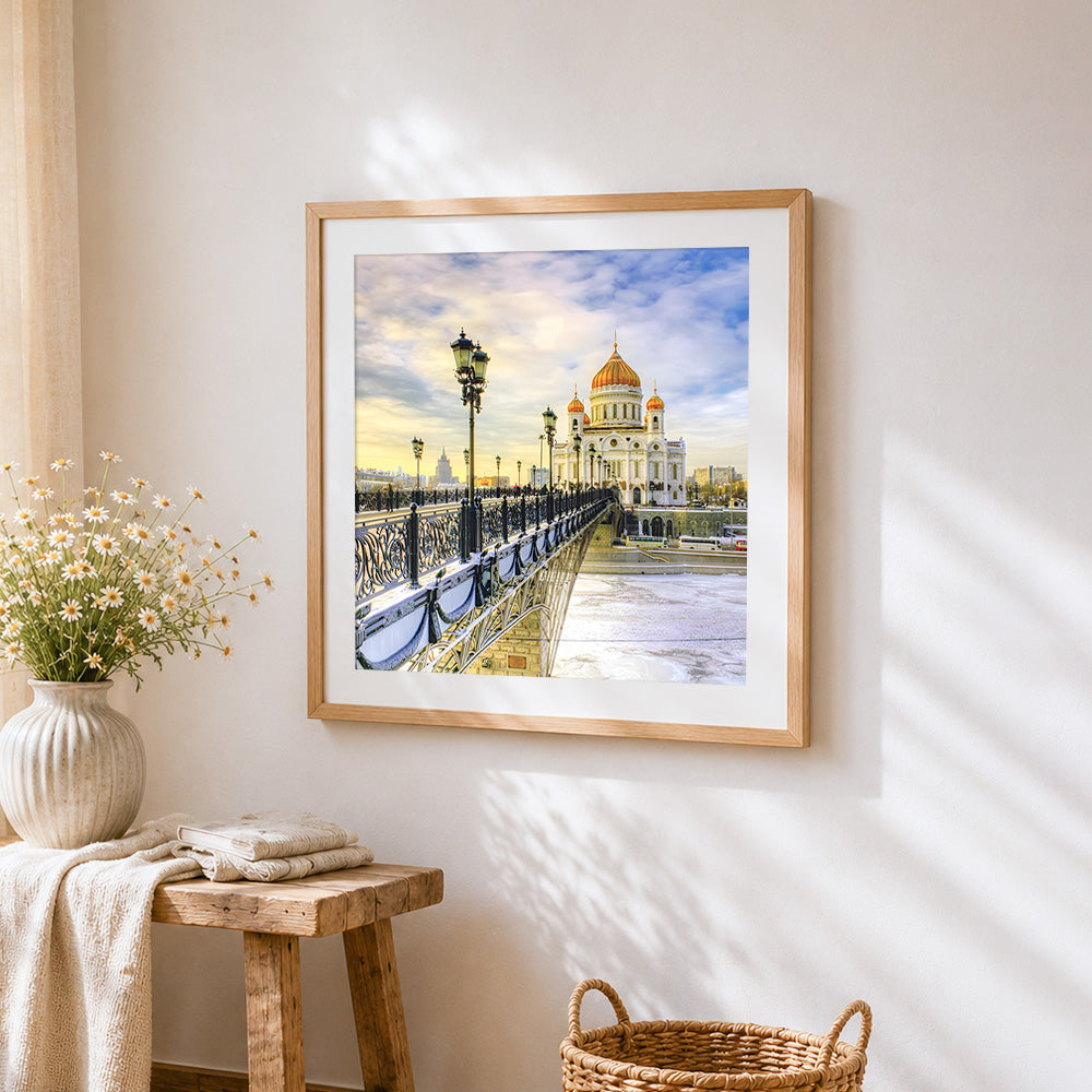 Snowy moscow cathedral cross stitch artwork displayed on wall as home decor