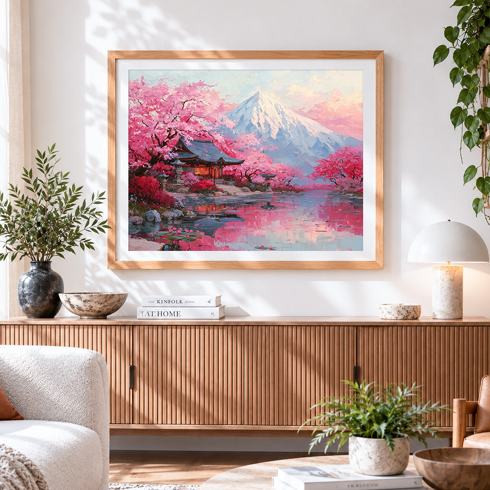 Finished snowy mountain and pink flower trees paint by numbers artwork displayed as home decor