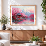 Finished snowy mountain and pink flower trees paint by numbers artwork displayed as home decor
