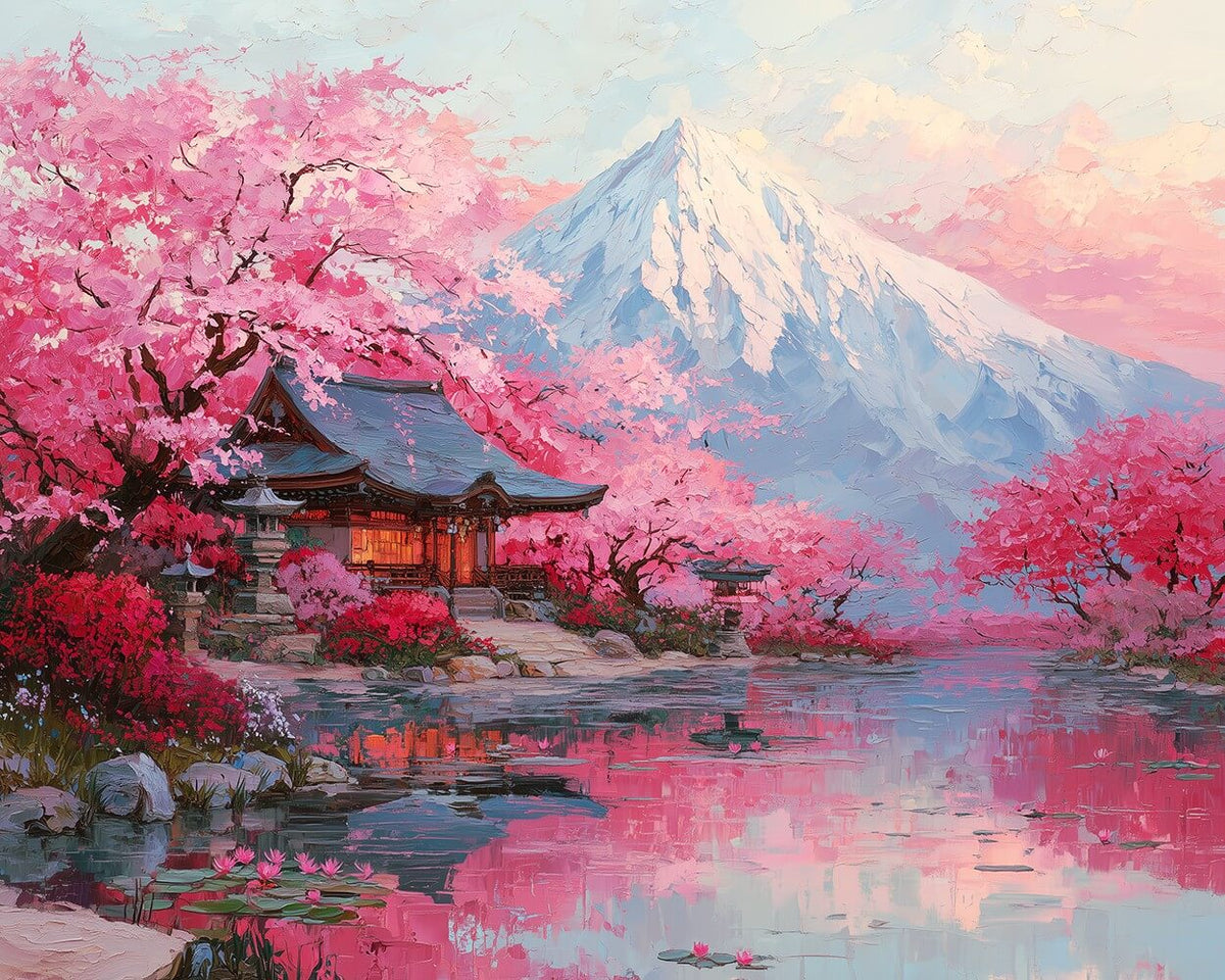 Snowy mountain and pink flower trees paint by numbers kit for beginners