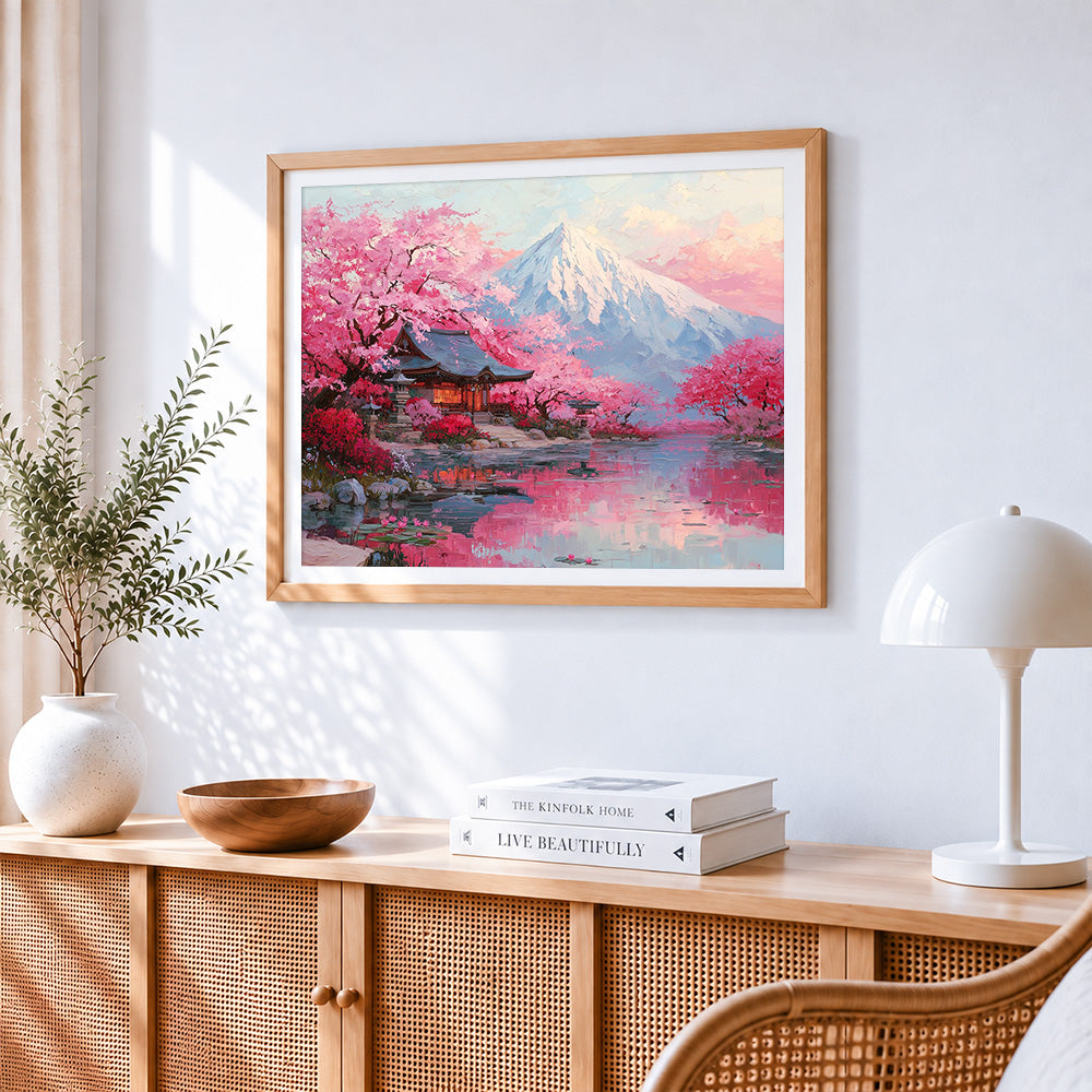 Snowy mountain and pink flower trees paint by numbers artwork displayed on wall as home decor