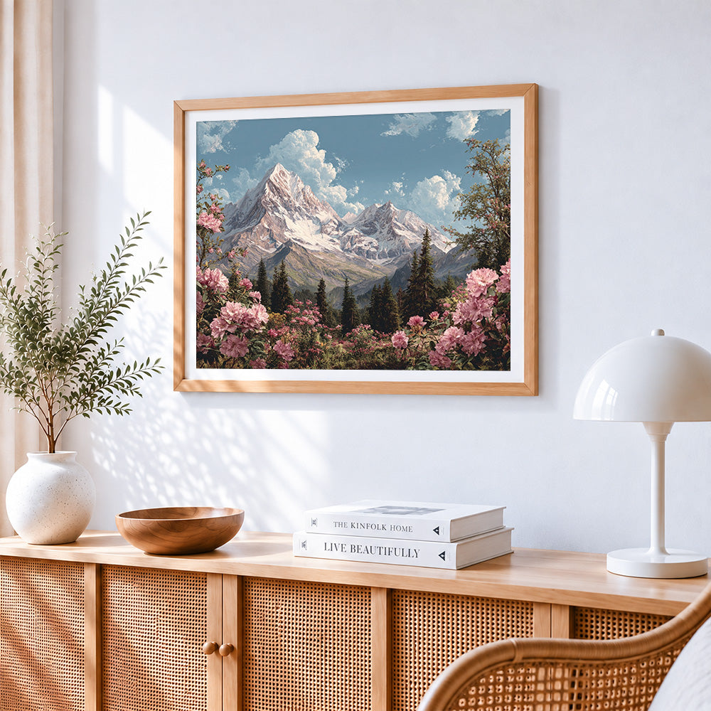 Snowy mountain and pink rhododendrons cross stitch artwork displayed on wall as home decor