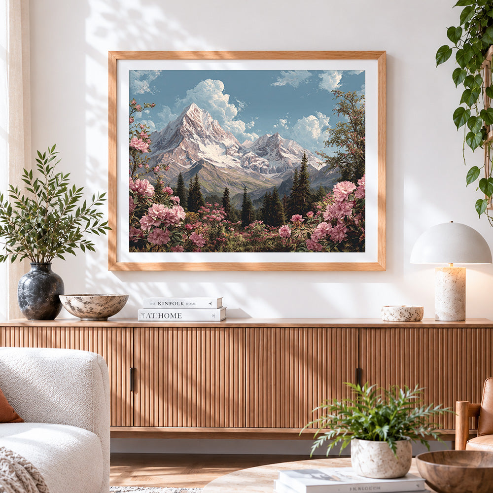 Finished snowy mountain and pink rhododendrons paint by numbers artwork displayed as home decor