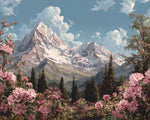 Snowy mountain and pink rhododendrons paint by numbers kit for beginners