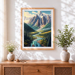 Finished snowy mountain and winding river cross stitch artwork displayed