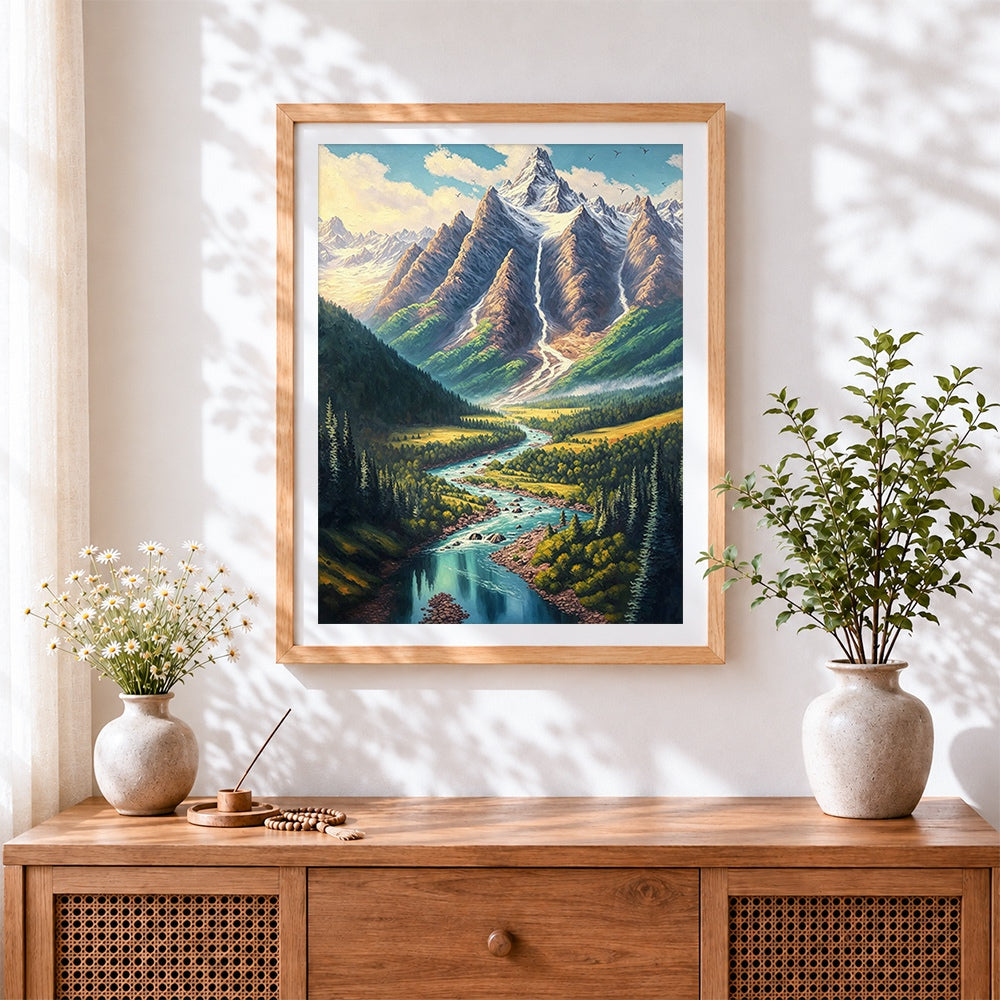 Finished snowy mountain and winding river cross stitch artwork displayed