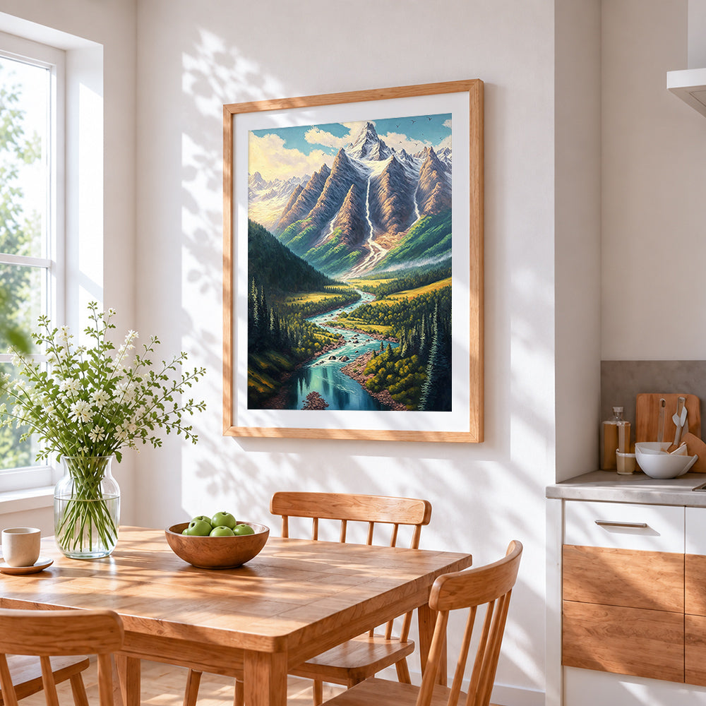 Snowy mountain and winding river cross stitch artwork displayed on wall as home decor