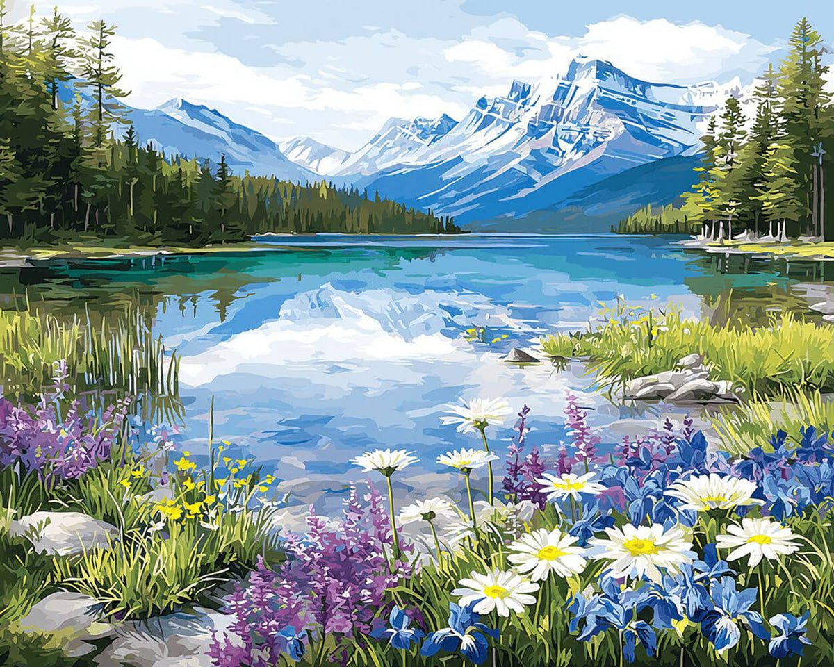 Snowy mountain lake and wildflowers paint by numbers kit for beginners