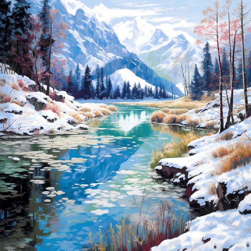 Snowy mountain reflection in a turquoise lake cross stitch kit for beginners