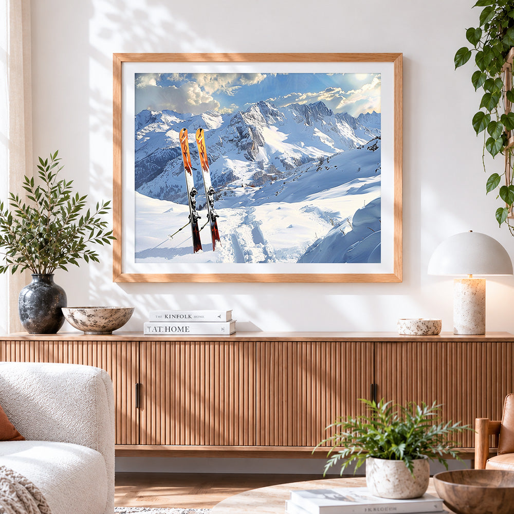 Finished snowy mountain ski slopes cross stitch artwork displayed