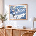 Snowy mountain ski slopes cross stitch artwork displayed on wall as home decor