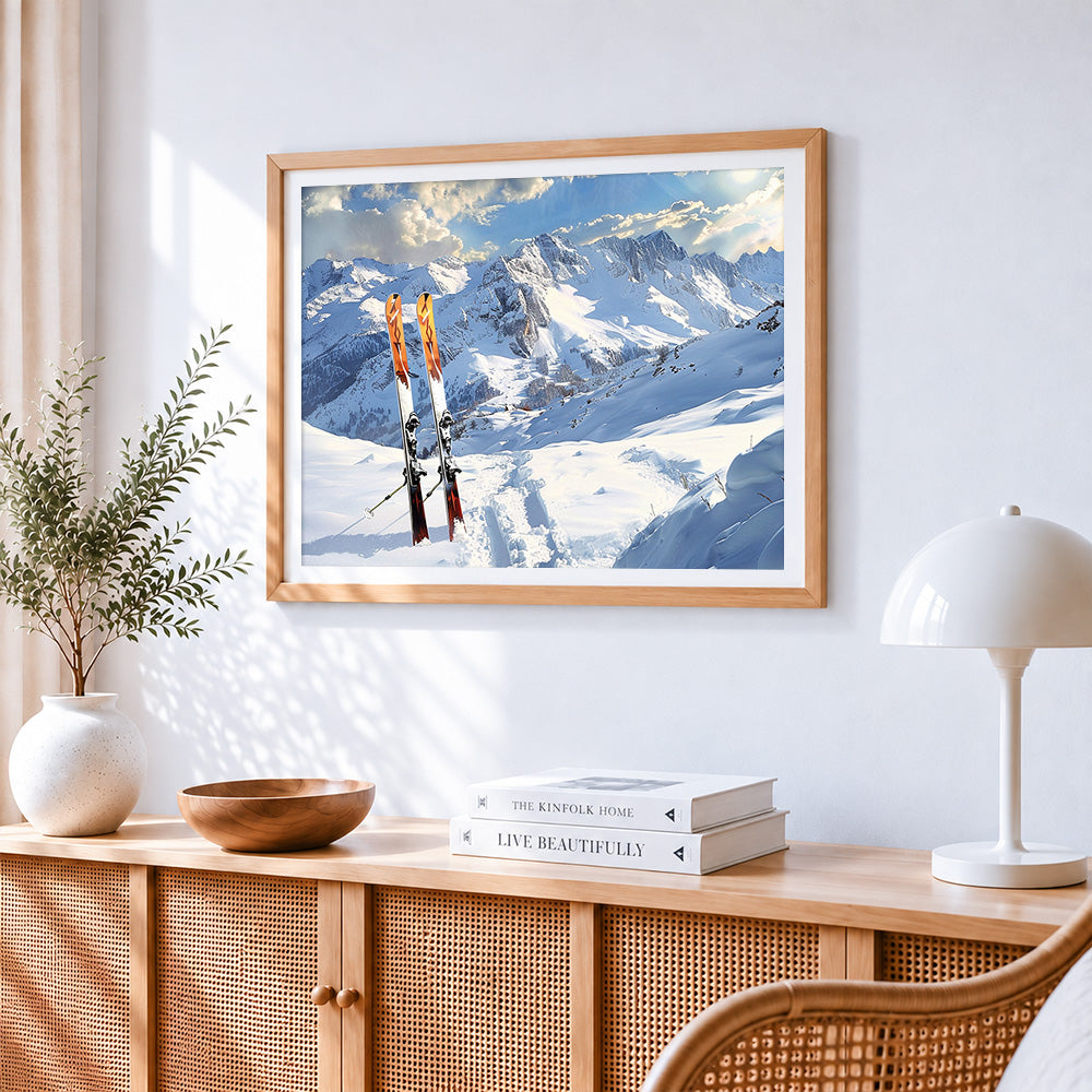 Snowy mountain ski slopes paint by numbers artwork displayed on wall as home decor