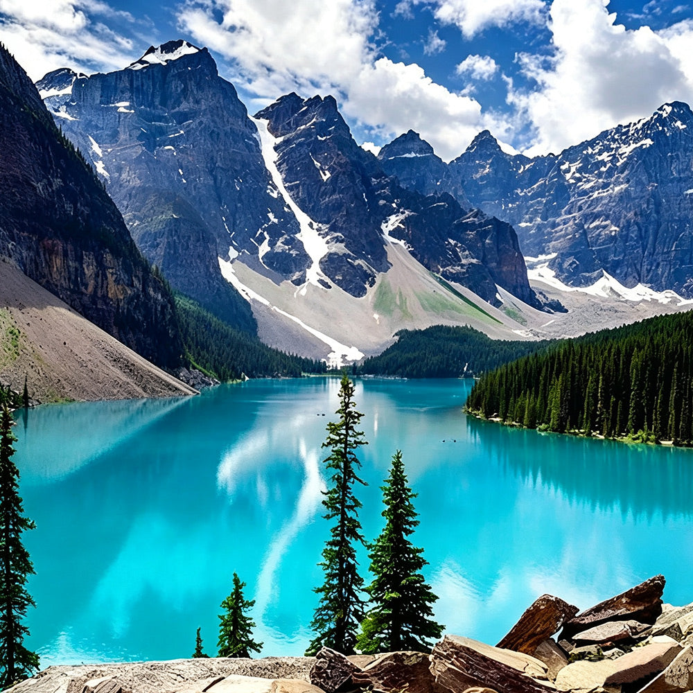 Snowy mountains and turquoise lake cross stitch kit for beginners