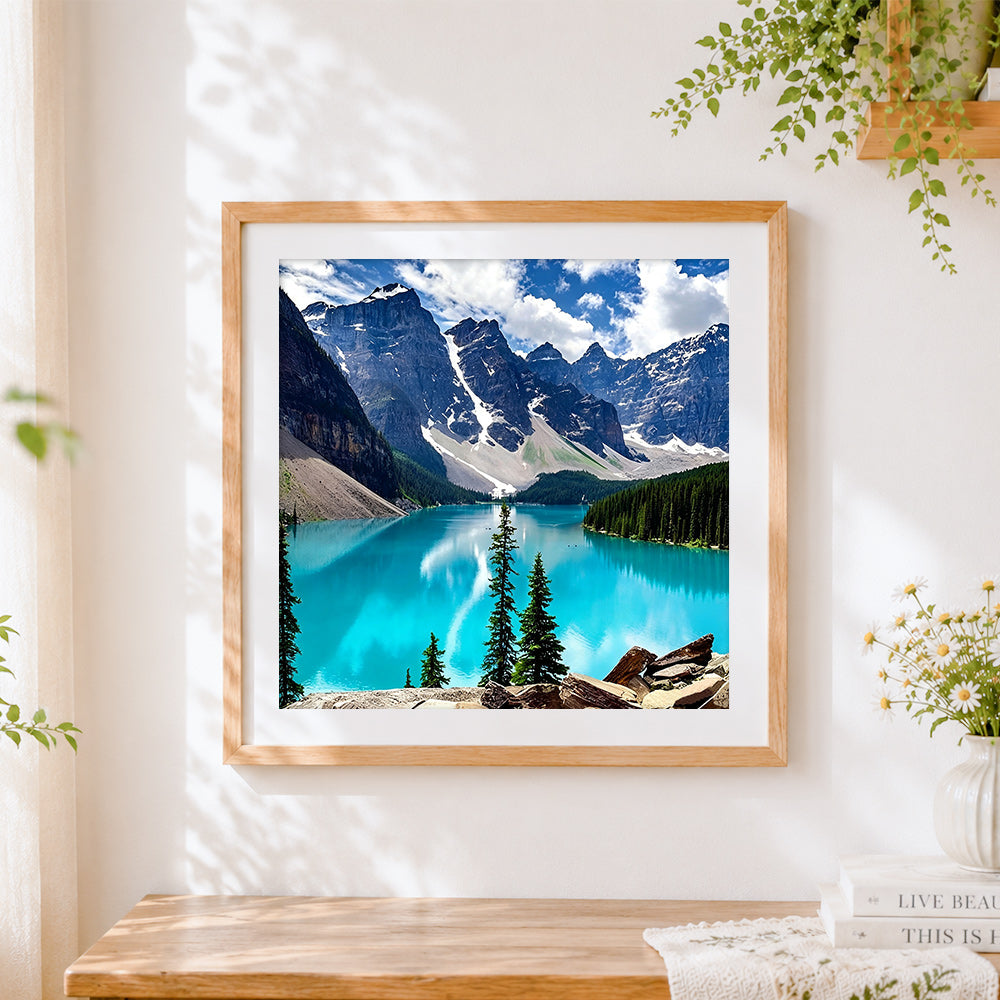 Finished snowy mountains and turquoise lake paint by numbers artwork displayed as home decor