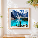 Finished snowy mountains and turquoise lake paint by numbers artwork displayed as home decor