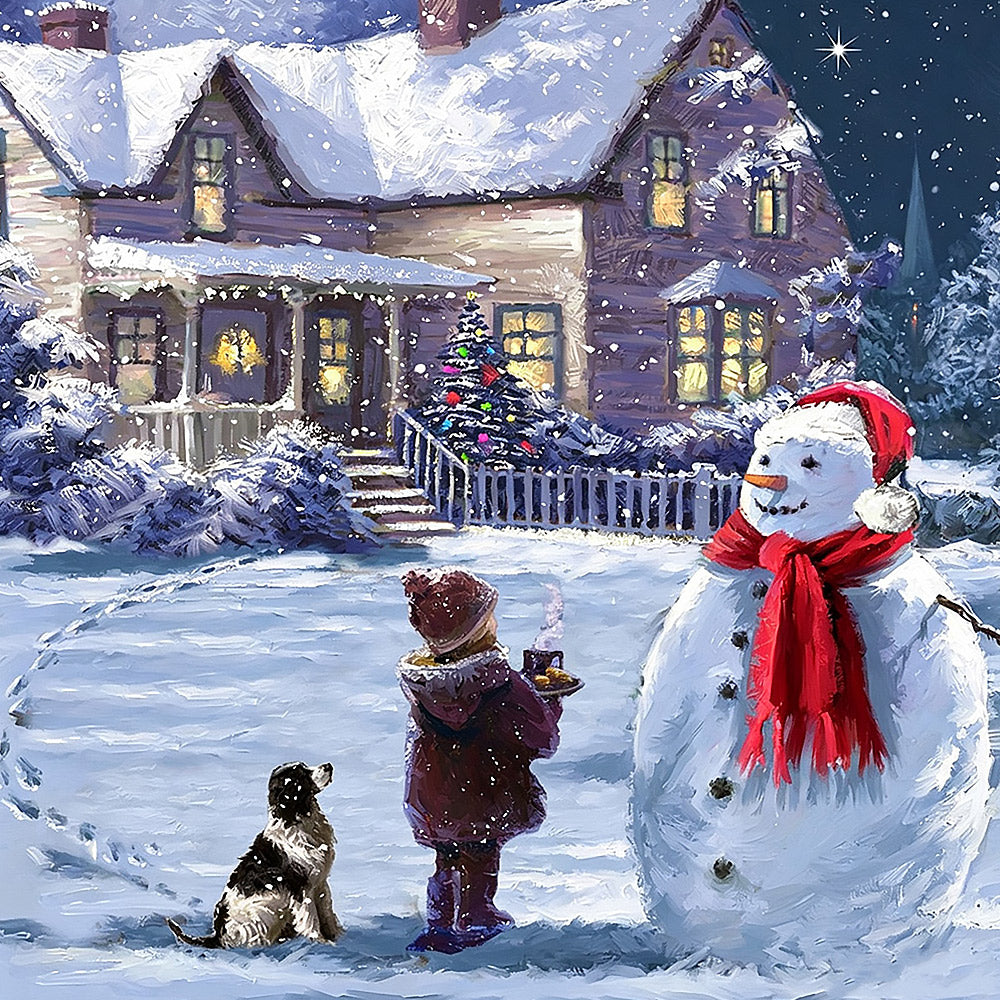 Snowy night cottage and snowman paint by numbers kit for beginners