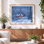 Finished snowy night red cabin paint by numbers artwork displayed as home decor