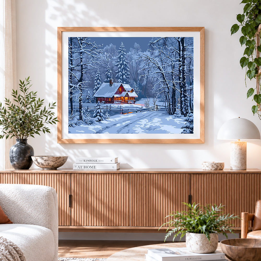 Finished snowy night red cabin paint by numbers artwork displayed as home decor