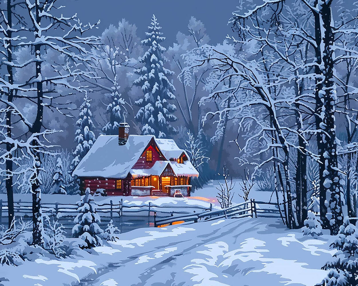 Snowy night red cabin paint by numbers kit for beginners