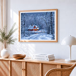 Snowy night red cabin paint by numbers artwork displayed on wall as home decor