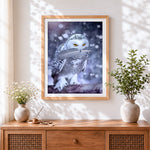 Finished snowy owl with feather cross stitch artwork displayed
