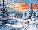 Snowy red cabin and dog walker paint by numbers kit for beginners