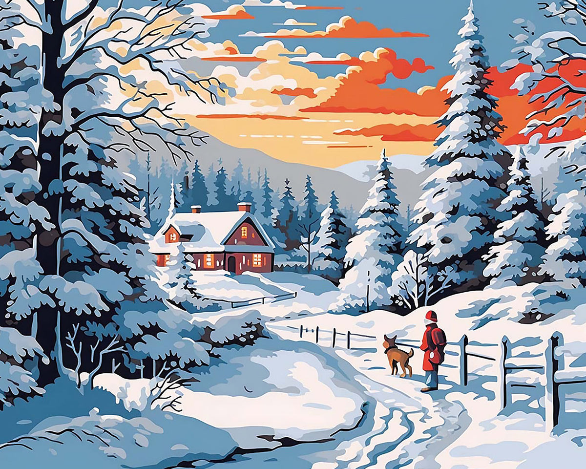 Snowy red cabin and dog walker paint by numbers kit for beginners