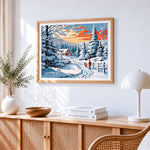 Snowy red cabin and dog walker paint by numbers artwork displayed on wall as home decor