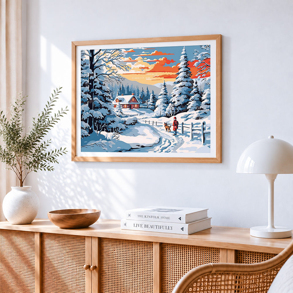 Snowy red cabin and dog walker paint by numbers artwork displayed on wall as home decor