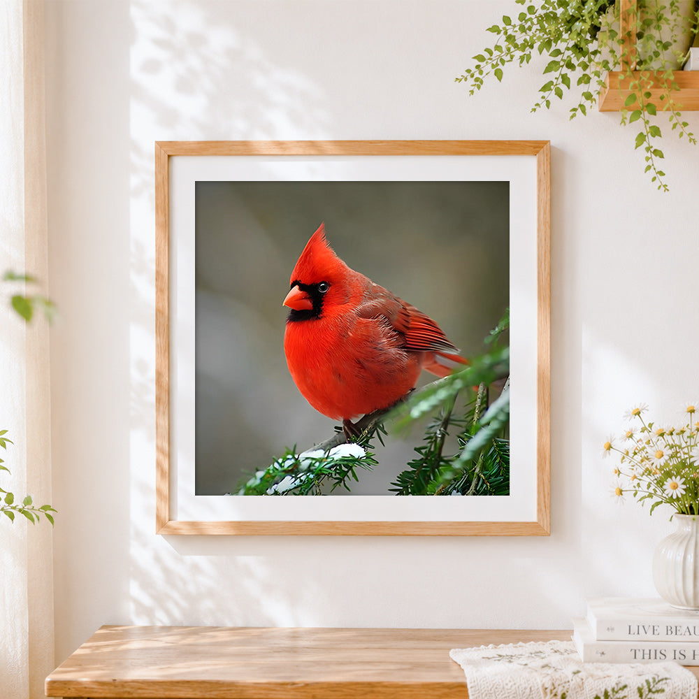 Finished snowy red cardinal cross stitch artwork displayed