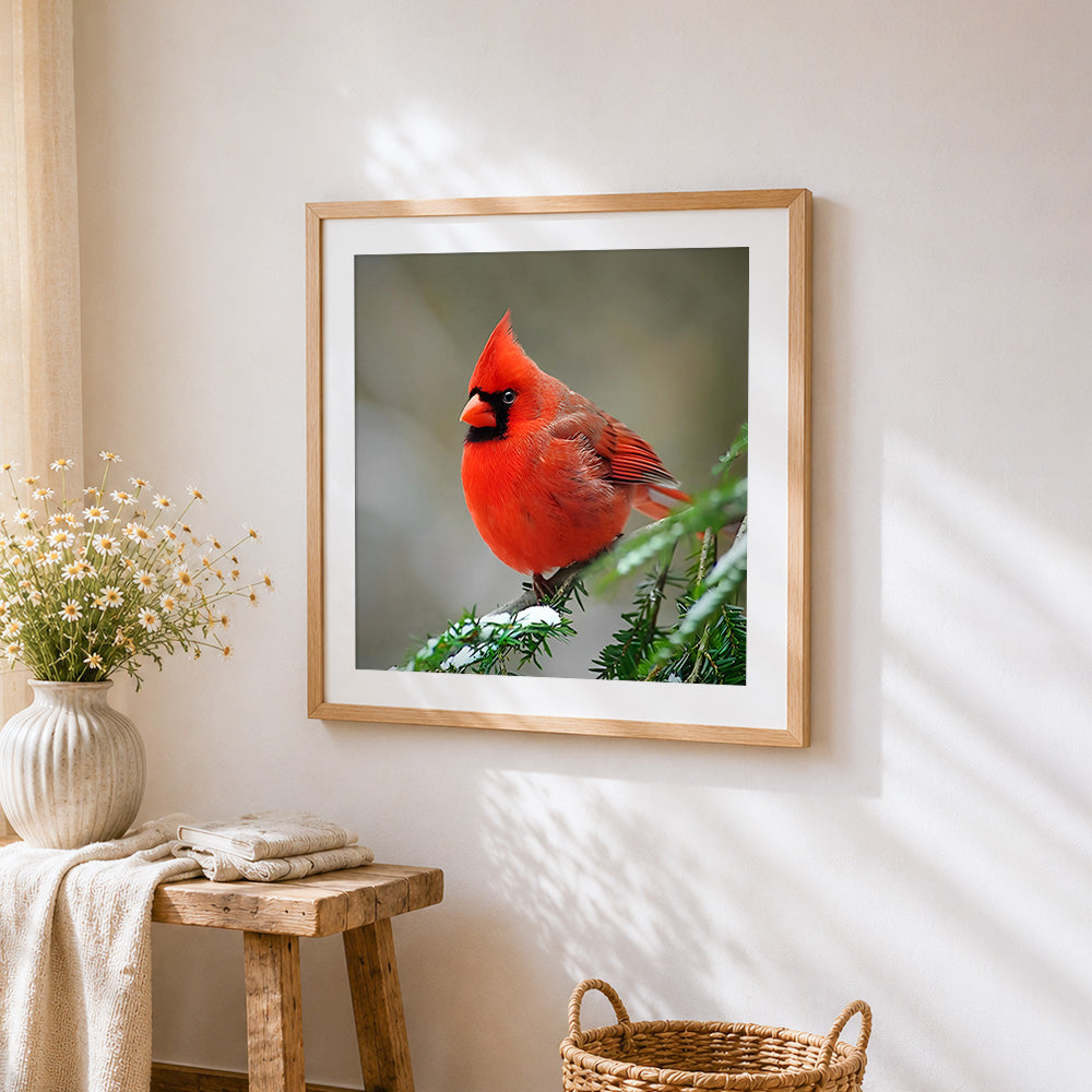 Snowy red cardinal cross stitch artwork displayed on wall as home decor